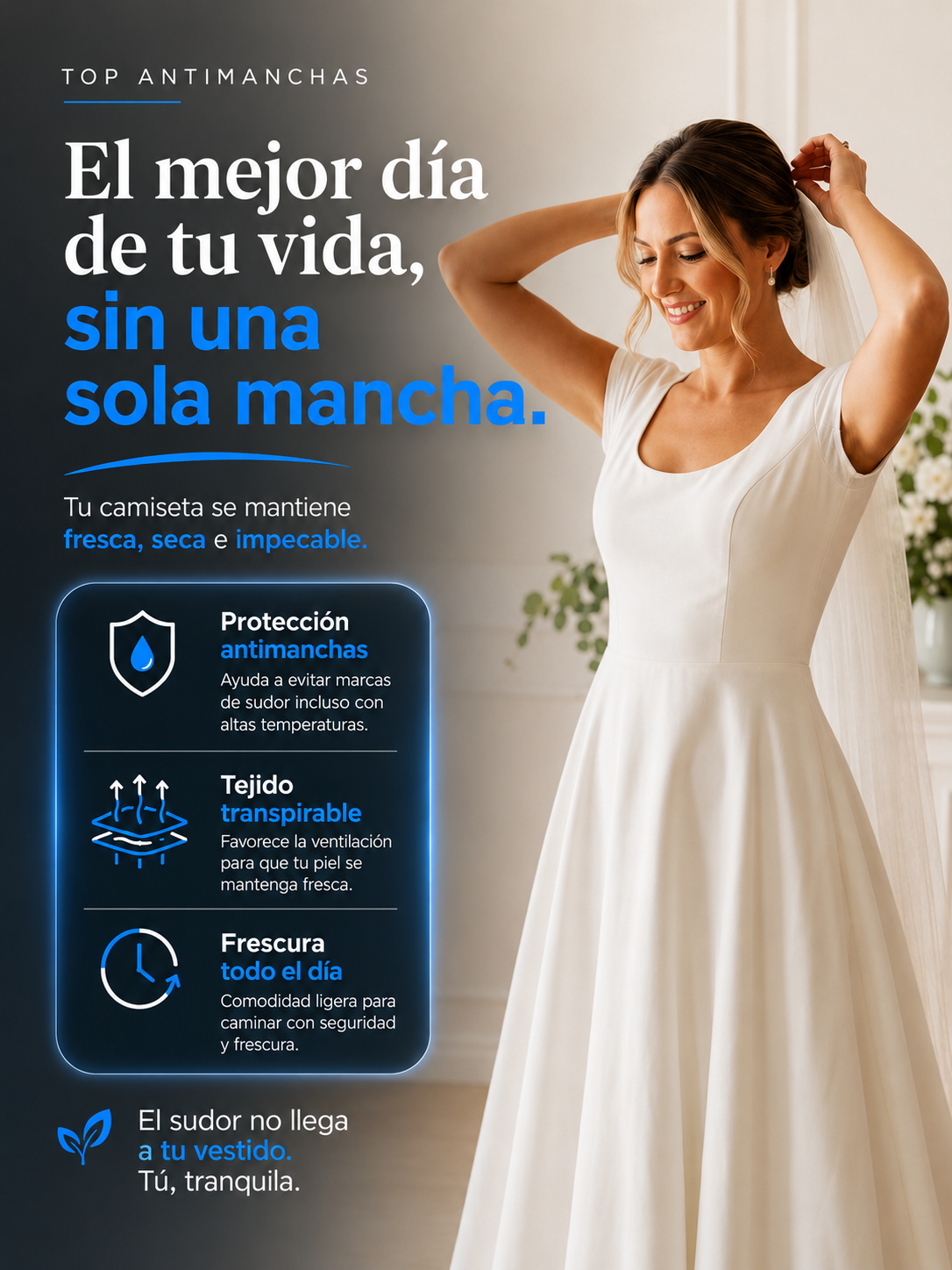 Novia con vestido blanco sin manchas de sudor gracias a la camiseta antisudor Klave