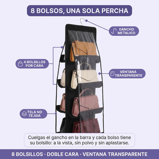 Organizador de bolsos colgante negro de 8 bolsillos con ventana transparente y gancho metálico