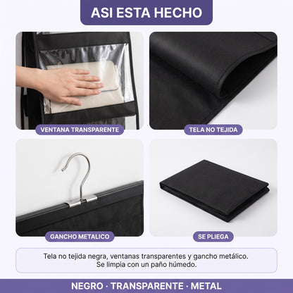 Detalles del organizador: ventana transparente, tela no tejida, gancho metálico y plegado
