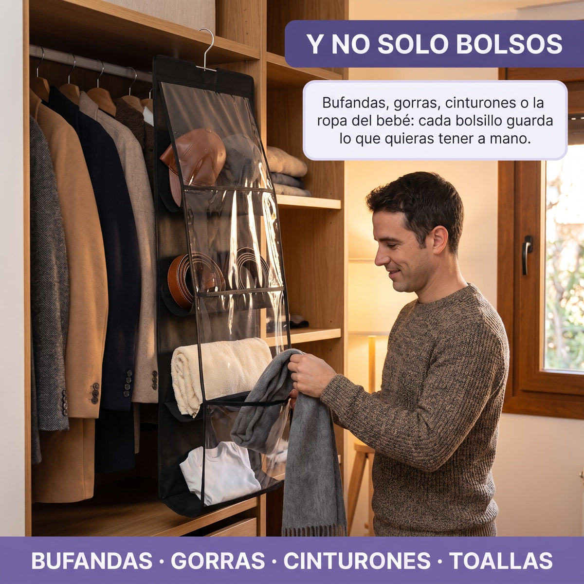 Organizador colgante con bufandas, gorras, cinturones y toallas en el armario de la entrada