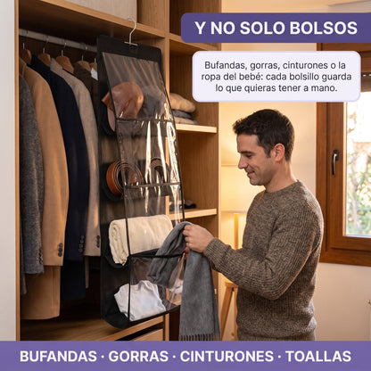 Organizador colgante con bufandas, gorras, cinturones y toallas en el armario de la entrada