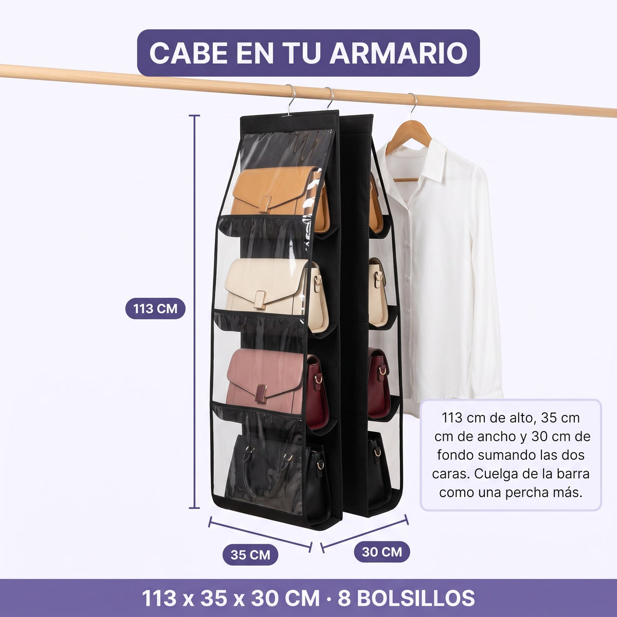 Medidas del organizador de bolsos: 113 x 35 x 30 cm, cuelga de la barra como una percha