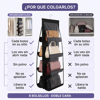 Comparativa: bolsos colgados en el organizador frente a bolsos apilados en la balda