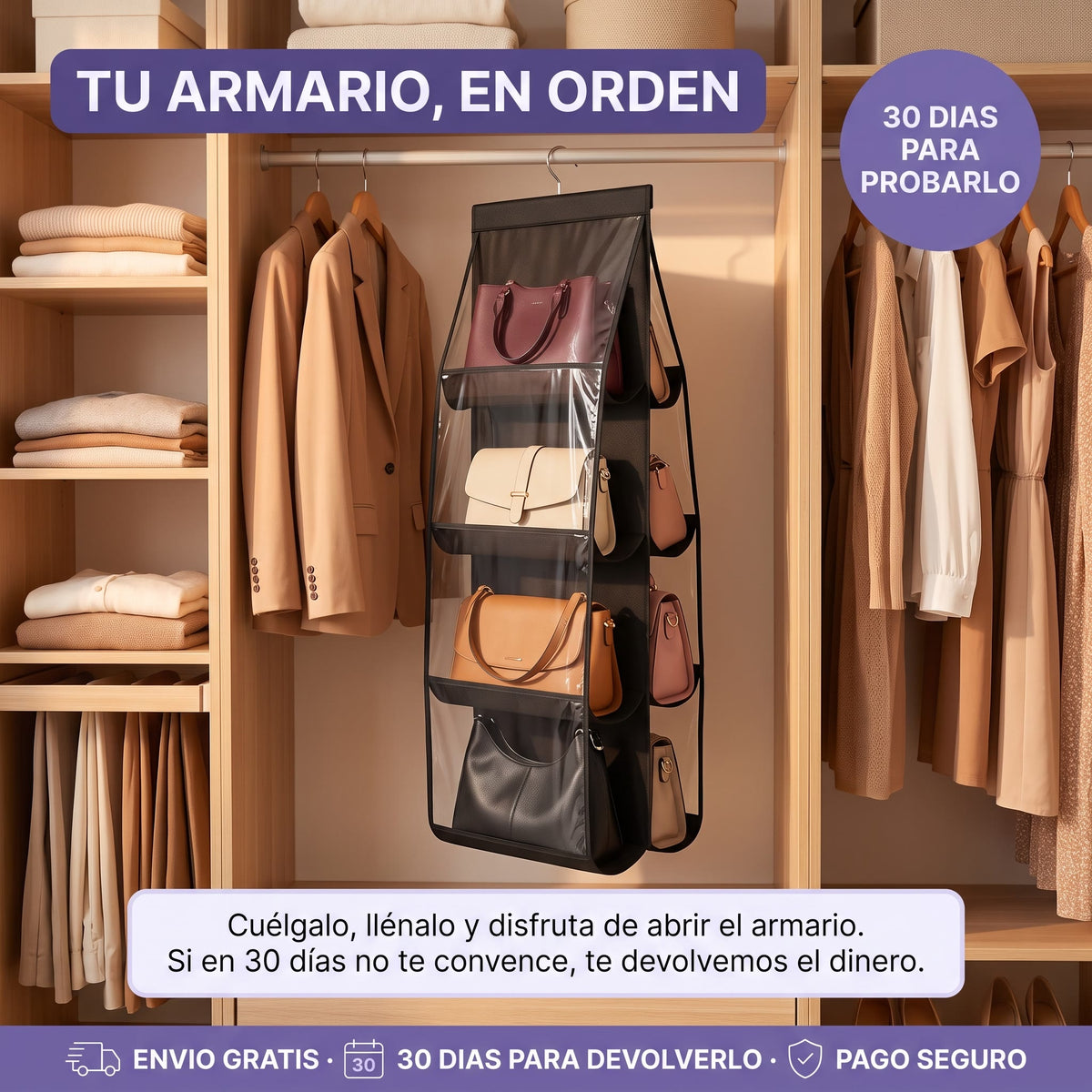 Armario ordenado con el organizador de bolsos negro; envío gratis y 30 días para probarlo