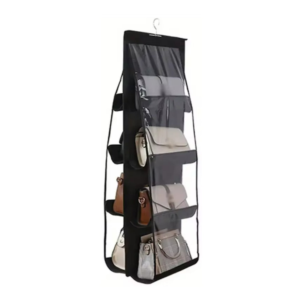 Organizador de bolsos colgante negro de 8 bolsillos con ventana transparente y gancho metálico, sobre fondo blanco