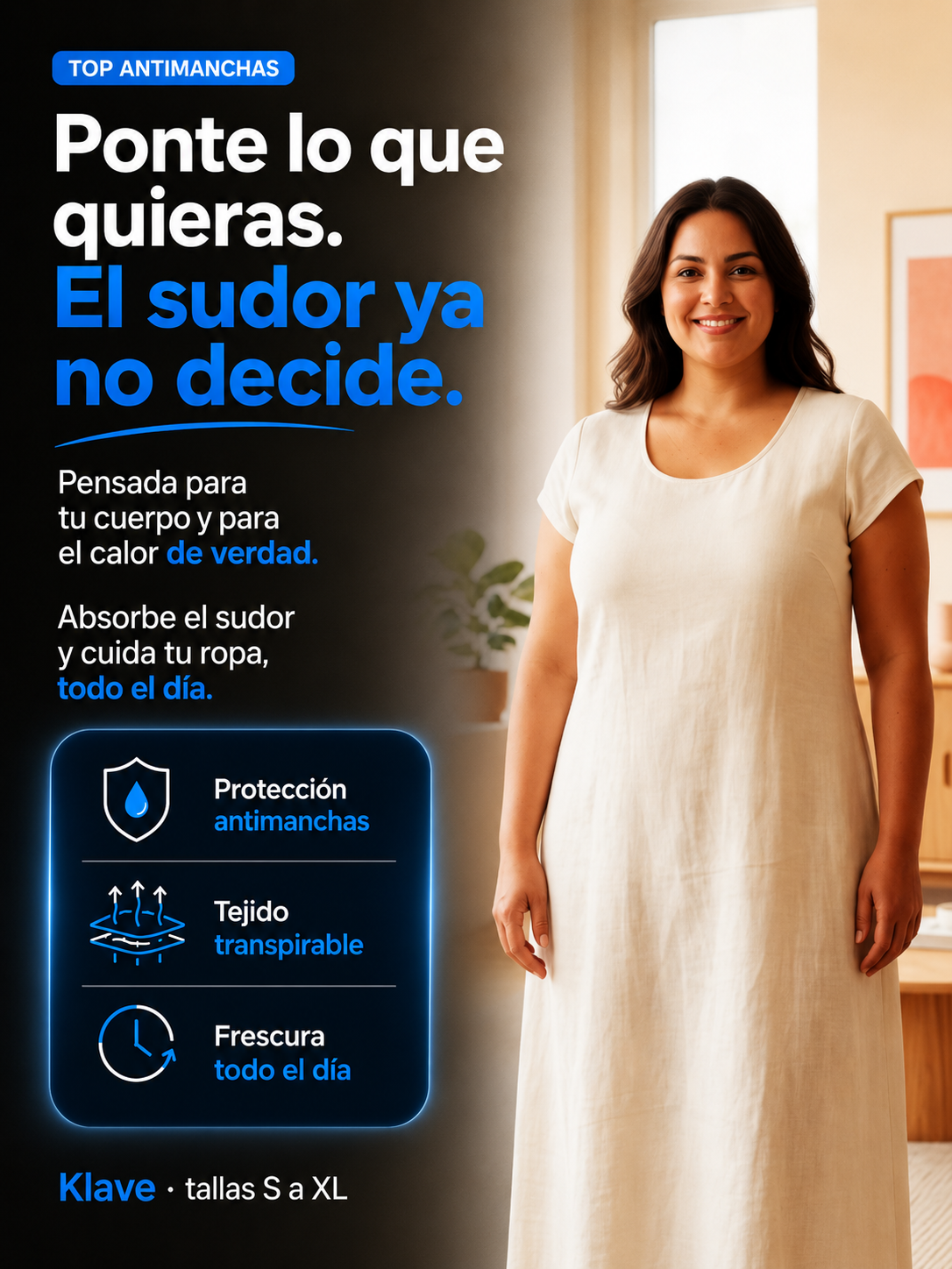 Mujer con vestido claro y axilas secas con la camiseta interior antisudor de mujer Klave