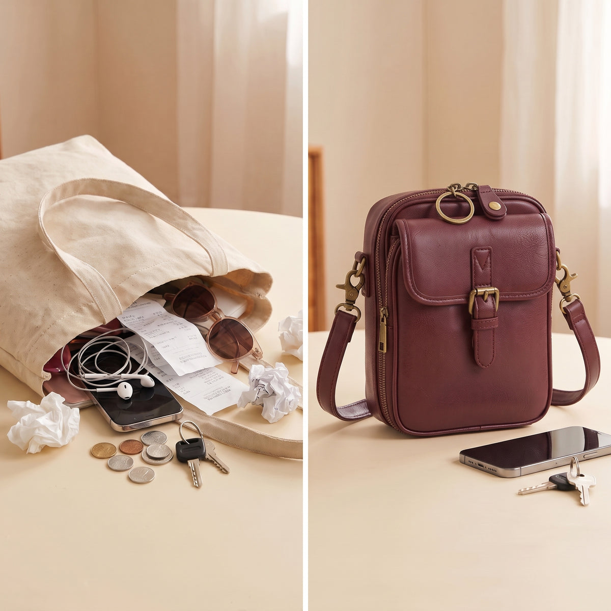 Antes y ahora: bolso desordenado frente al bolso KLAVE