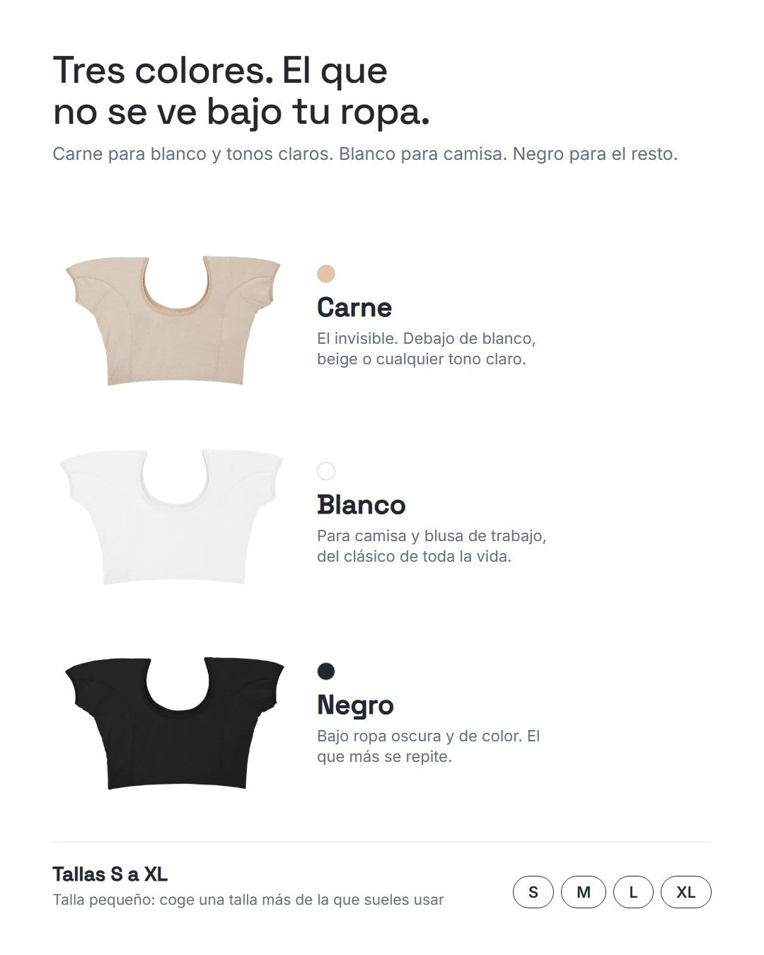 Top interior antisudor Klave en color carne, blanco y negro, tallas S a XL