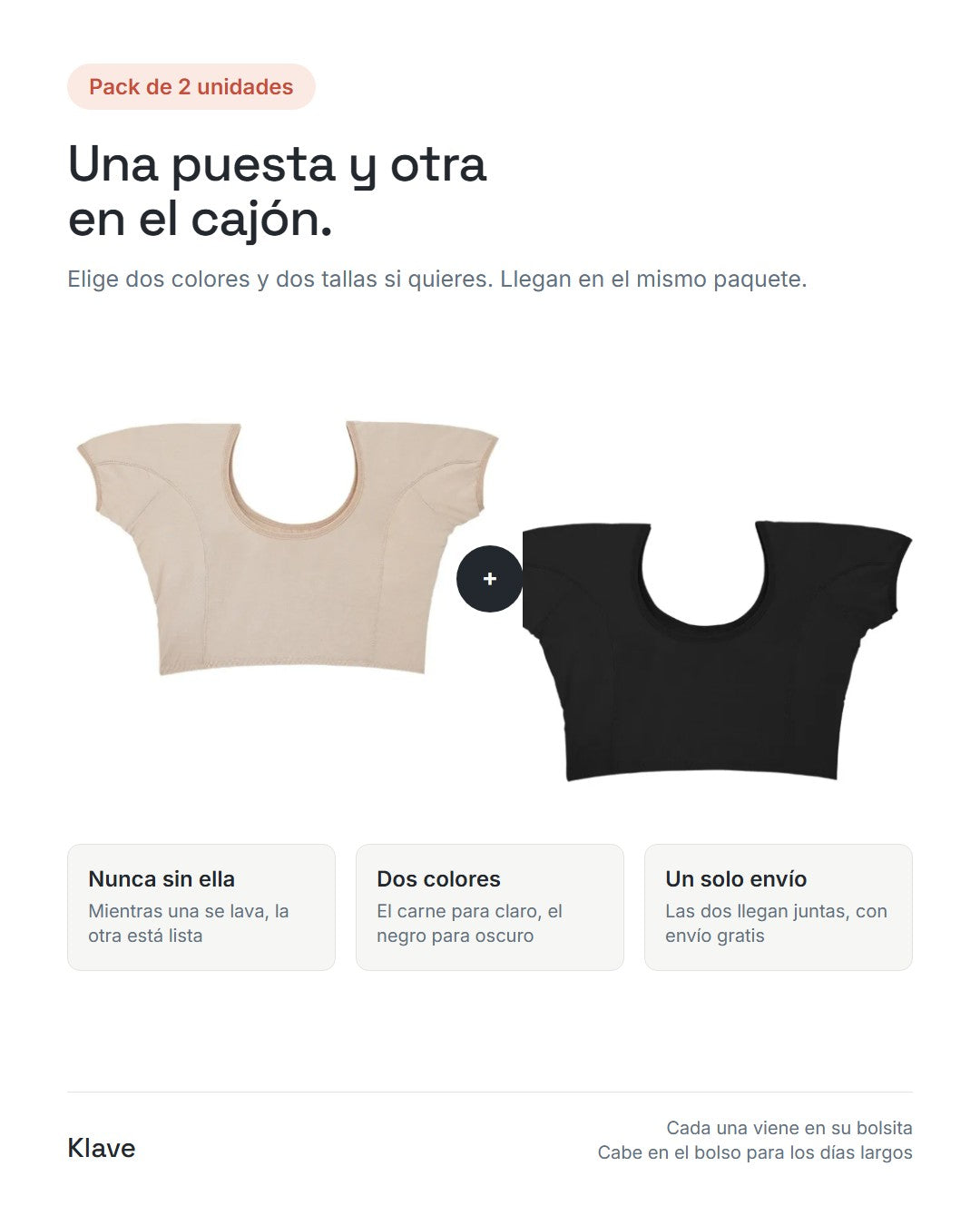 Pack de 2 tops interiores antisudor Klave, en color carne y negro, en un mismo envío