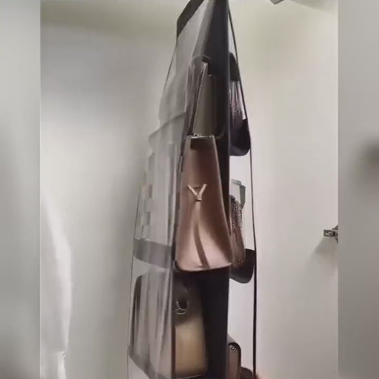 Organizador de bolsos colgante negro: cómo se cuelga de la barra y cada bolso va de pie en su bolsillo
