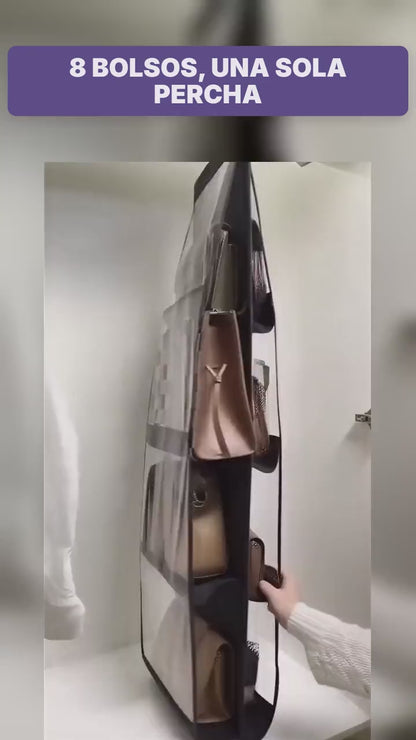 Organizador de bolsos colgante negro: cómo se cuelga de la barra y cada bolso va de pie en su bolsillo